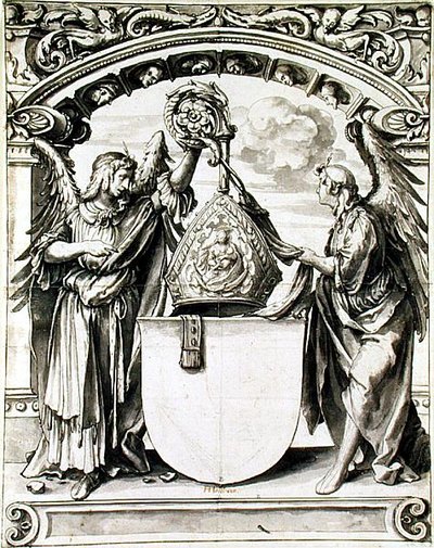 कांच की पेंटिंग के लिए डिजाइन, c.1520 (कागज पर काले चाक के साथ पेन और ग्रे वॉश) द्वारा हंस होल्बिन द यंगर
