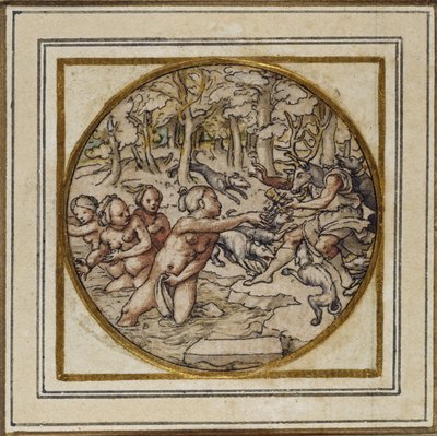 डायना और एक्टन - एक लटकन या टोपी बैज के लिए डिज़ाइन, c.1532-43 (कागज पर कलम और स्याही) द्वारा हंस होल्बिन द यंगर