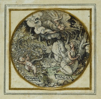 हैगर और इश्माएल - एक लटकन या टोपी बैज के लिए डिजाइन, c.1532-43 (कागज पर कलम और स्याही) द्वारा हंस होल्बिन द यंगर
