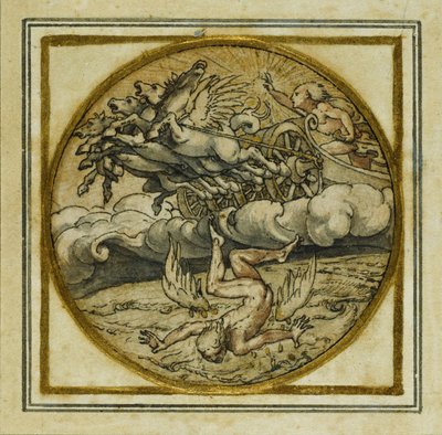 इकारस का पतन - एक लटकन या टोपी बैज के लिए डिजाइन, c.1532-43 (कागज पर कलम और स्याही) द्वारा हंस होल्बिन द यंगर
