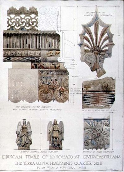 Civitacastellana में Lo Scasato के Etruscan मंदिर और रोम में Villa di Papa Giulio से टुकड़ों का अध्ययन, c.1910 (कागज पर कलम और स्याही और पानी के रंग) द्वारा हेरोल्ड चेल्टन ब्रैडशॉ
