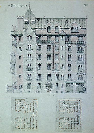द फेकाडे एंड ग्राउंड प्लान ऑफ 'कास्टेल-बेरेंजर', हेक्टर गुइमार्ड (1867-1942) (कलर लिथो) की एक पुस्तक से चित्रण द्वारा हेक्टर गुइमार्ड