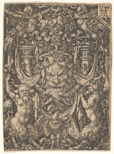 एक मुखौटा के साथ सजावटी डिजाइन और नीचे दो Fauns के बीच एक ईगल, 1549। द्वारा हेनरिक एल्डेग्रेवर