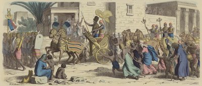 एक प्राचीन मिस्र का फिरौन युद्ध के लिए रवाना हुआ (रंगीन उत्कीर्णन) द्वारा हेनरिक लेउटेमन