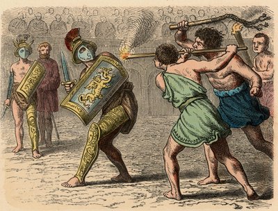 प्राचीन रोम: लड़ाई में लगे एक कायर ग्लैडिएटर, 1866 द्वारा हेनरिक लेउटेमन