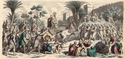 एक विजयी असीरियन सेना का स्वागत (रंगीन उत्कीर्णन) द्वारा हेनरिक लेउटेमन