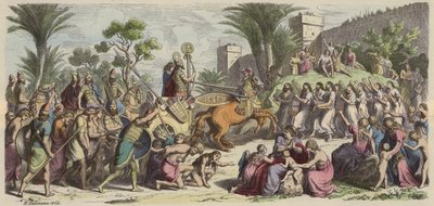 एक विजयी असीरियन सेना का स्वागत (रंगीन उत्कीर्णन) द्वारा हेनरिक लेउटेमन
