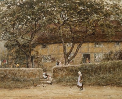 एक कॉटेज के बाहर बच्चे (कागज पर बाहर खरोंच के साथ पानी के रंग) द्वारा हेलेन एलिंघम