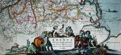 ले नोव्यू थिएटर डू मोंडे, एम्स्टर्डम 1639 (रंग उत्कीर्णन) से राइन के पाठ्यक्रम के मानचित्र का कार्टोच द्वारा हेंड्रिक I होंडियस