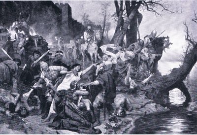 दीवारों के नीचे नरसंहार में स्वियातोस्लाव के योद्धा ड्रस्टर (ड्यूरोस्टोरस), ग्रेशम पब्लिशिंग कंपनी द्वारा प्रकाशित लैंडमार्क्स इन यूरोपियन हिस्ट्री का चित्रण, c.1920 (लिथो) द्वारा हेनरिक सिएमिरडज़की