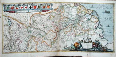 राइन नदी के मार्ग का नक्शा, 'ले नोव्यू थिएटर डू मोंडे', एम्स्टर्डम 1639 से (रंग उत्कीर्णन) द्वारा हेंडरिक द एल्डर होंडियस