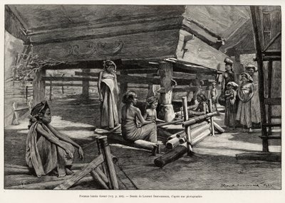 बटक महिला, उत्तर सुमात्रा जातीय समूह, बुनाई। 1889-1890 में जूल्स क्लेन (1856-1939) द्वारा, "" मलेशिया में एक वर्ष" कहानी को चित्रित करने के लिए लॉरेंट डेसरौस्यू द्वारा उत्कीर्ण, ले टूर डू मोंडे 1892 में, एडौर्ड चार्टन द्वारा निर्देशित (1807- द्वारा हेनरी अल्फोंस लुइस लॉरेंट डेसोरसुक्सो