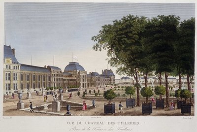 Les Feuillans की छत से देखा गया बगीचा और Chateau des Tuileries। कौरवोज़िएर द्वारा उत्कीर्णन द्वारा हेनरी कौरवोइज़ियर-वोइसिन