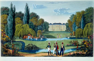 Palais de l'Elysee-Bourbon (Elysee Bourbon) और उद्यानों का दृश्य। 1815-1820 तक कौरवोज़ियर द्वारा उत्कीर्णन "" Vues de Paris "में द्वारा हेनरी कौरवोइज़ियर-वोइसिन