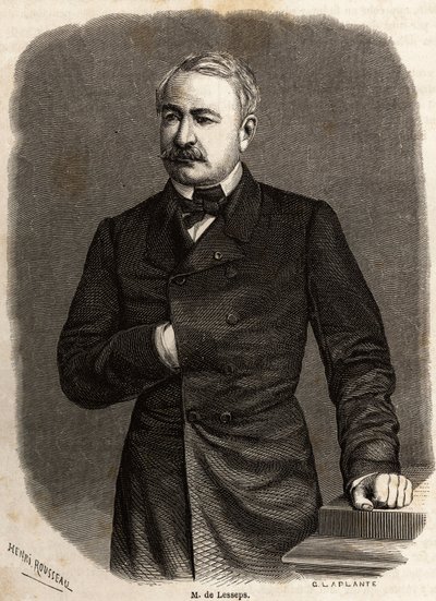 फर्डिनेंड डी लेसेप्स (1805-1894) के राजनयिक और उद्यमी, दो महत्वाकांक्षी परियोजनाओं के प्रमोटर: स्वेज और पनामा की नहरें, हेनरी रूसो द्वारा चित्रित, 1862 में पॉल मेरुउ द्वारा स्वेज नहर के लिए एक भ्रमण को चित्रित करने के लिए। "" में उत्कीर्णन द्वारा हेनरी एमिलीन रूसो