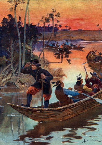रेने रॉबर्ट कैवेलियर डी ला सैले (1643-1687), फ्रांसीसी खोजकर्ता और उनके साथी फ्रांस के लिए मिसिसिपी नदी पर उतरते हुए द्वारा हेनरी गैस्टन डारिएन