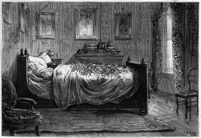 लियोन गैम्बेटा की मृत्यु (1838-1882) फ्रांसीसी राजनीतिज्ञ - द मोर्चरी चैंबर- 1883 के "द इलस्ट्रस जर्नल" में - हेनरी मेयर द्वारा ड्राइंग (1844-1899) द्वारा हेनरी मेयर