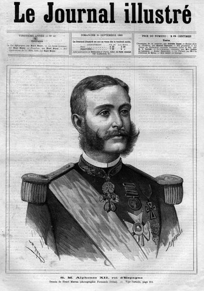 स्पेन के अल्फोंसो XII का पोर्ट्रेट (अल्फोंस XII) (1857-1885), स्पेन का राजा - 1883 से "द इलस्ट्रस डायरी" का कवर पेज - हेनरी मेयर द्वारा ड्राइंग (1844-1899) द्वारा हेनरी मेयर