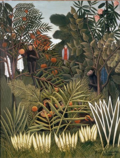 बंदरों और एक तोता के साथ विदेशी परिदृश्य द्वारा Henri Rousseau