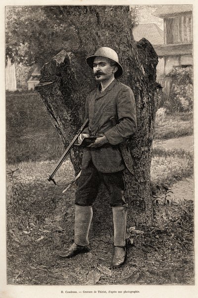 हेनरी कॉड्रेउ का पोर्ट्रेट (1859-1899), भूगोल के प्रोफेसर और अमेज़ॅन (ब्राज़ील) के खोजकर्ता। कहानी को चित्रित करने के लिए थिरिएट द्वारा उत्कीर्णन "" चेज़ नोस इंडियंस, क्वात्रे एन्स डे वॉयेज डान्स ला गुएने फ़्रैन्काइज़ "" द्वारा हेनरी थिरिअत