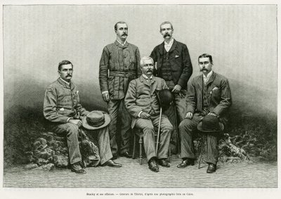 हेनरी मॉर्टन स्टेनली (जॉन रॉलैंड्स 1841-1904) का पोर्ट्रेट उनके अधिकारियों को बाईं ओर से घेरे हुए है: डॉ थॉमस हेज़ल पार्के (1857-93), रॉबर्ट एच। नेल्सन, विलियम जी। सीढ़ियों और आर्थर जेएम जेफसन। थिरिएट द्वारा उत्कीर्णन, कहानी को चित्रित करने के लिए डैन लेस  द्वारा हेनरी थिरिअत
