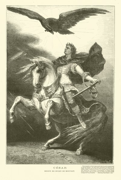 जूलियस सीज़र घोड़े की पीठ पर उसके ऊपर एक शाही ईगल के साथ (उत्कीर्णन) द्वारा हेनरी डे (बाद) मोंटोट