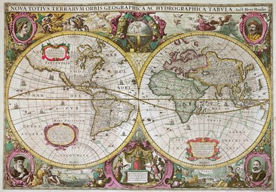 संपूर्ण पृथ्वी का एक नया भूमि और जल मानचित्र, 1630 द्वारा Henricus Hondius II