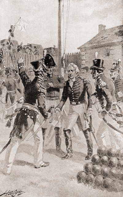 ब्रिगेडियर जनरल विलियम हल ने 1905 में प्रकाशित द हिस्ट्री ऑफ अवर कंट्री से डेट्रायट के घेराबंदी के दौरान डेट्रायट, मिशिगन, अमेरिका के किले और शहर को आत्मसमर्पण किया द्वारा हेनरी अलेक्जेंडर ओग्डेन