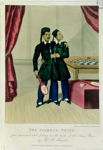सियामी जुड़वाँ, पहली खोज, जबकि श्री आर हंटर, 1829 द्वारा सियाम नदी के तट पर मछली पकड़ना द्वारा हेनरी बर्थौड