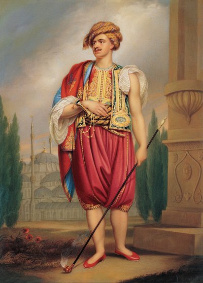 विलियम बीचे के बाद तुर्की पोशाक में थॉमस होप का पोर्ट्रेट 1769-1831, 19वीं सदी की शुरुआत में। द्वारा हेनरी हड्डी