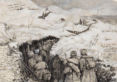 गालिसिया, बर्फ से ढकी पहाड़ियों में रूसी सेना, 13 मार्च 1916 (कागज पर स्याही और गौचे) द्वारा हेनरी चार्ल्स सेपिंग्स राइट