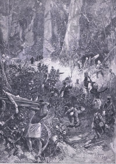 द एशांती वॉर 1900: ए फ़ाइट इन द जंगल, इलस्ट्रेशन फ्रॉम कास्सल्स हिस्ट्री ऑफ़ इंग्लैंड, 1900s द्वारा हेनरी चार्ल्स सेपिंग्स राइट