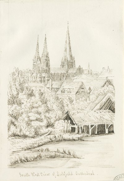 लिचफील्ड कैथेड्रल - साउथ वेस्ट व्यू: पेन ड्राइंग, एनडी [1788-1855] (ड्राइंग) द्वारा हेनरी कर्जन ऑलपोर्ट