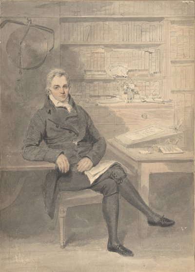 1795-1800 लेखन डेस्क के सामने बैठा एक आदमी का चित्र। द्वारा हेनरी एड्रिज