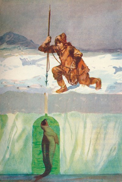 एस्किमो अबाउट टू स्पीयर ए सील थ्रू इट्स ब्रीदिंग-होल', c1927, 1928 द्वारा हेनरी एविसन