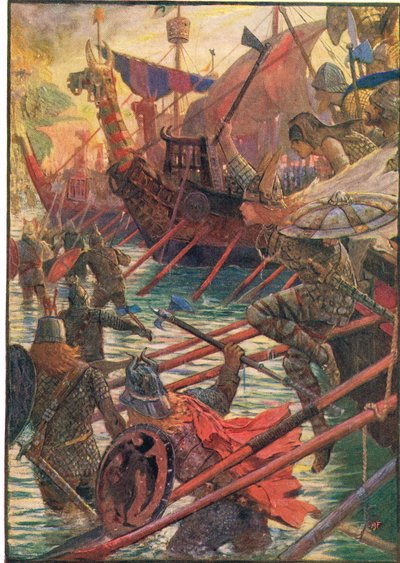 रुडयार्ड किपलिंग, 1911 के &39;द हिस्ट्री ऑफ इंग्लैंड&39; से चित्रण, द लैंडिंग ऑफ द डेन्स द्वारा हेनरी जस्टिस फोर्ड
