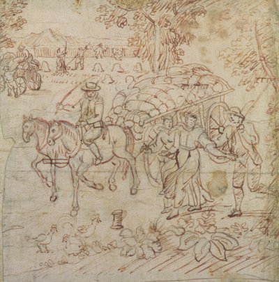 हार्वेस्टर्स रिटर्निंग होम के साथ लैंडस्केप, c.1595-1605 (कागज पर कलम और भूरी स्याही) द्वारा हेनरी पीचम