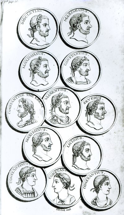 एडवर्ड गिब्बन, 1808 द्वारा रोमन सम्राटों के चित्र, &39;द हिस्ट्री ऑफ़ द डिकॉल एंड फ़ॉल ऑफ़ द रोमन एम्पायर&39;, वॉल्यूम II पृष्ठ 50 से द्वारा हेनरी आर। कुक