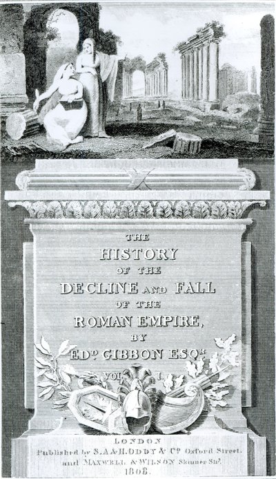 एडवर्ड गिबन, खंड 1, 1808 द्वारा &39;द हिस्ट्री ऑफ द डिक्रलाइन एंड फॉल ऑफ रोमन एम्पायर&39; का शीर्षक पृष्ठ द्वारा हेनरी आर। कुक