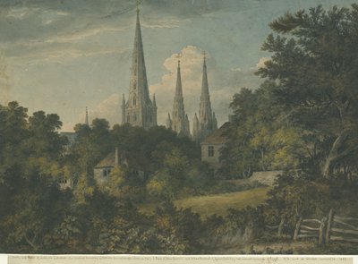 लिचफील्ड कैथेड्रल - नॉर्थ ईस्ट व्यू: वाटर कलर पेंटिंग, 1797 द्वारा हेनरी साल्ट