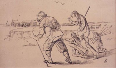 गोल्फर्स ऑफ प्रैक्टिस ऑन द बीच, 'ग्राफिक' पत्रिका, पब से चित्रण। c.1870 (लिथो) द्वारा हेनरी सैंडरिकॉक