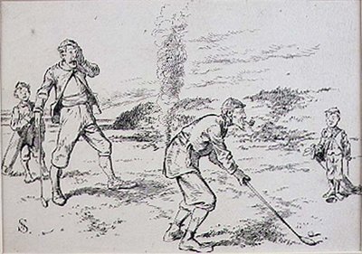 एब्सेंट माइंडेड गोल्फर, 'ग्राफिक' पत्रिका, पब से चित्रण। c.1870 (लिथो) द्वारा हेनरी सैंडरिकॉक