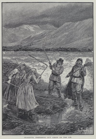 किसान बर्फ पर अनाज निकाल रहे हैं (लिथो) द्वारा हेनरी संधम