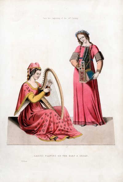महिलाएं हार्प एंड ऑर्गन पर खेलती हुई, 14 वीं शताब्दी की शुरुआत में, 1843। द्वारा हेनरी शॉ