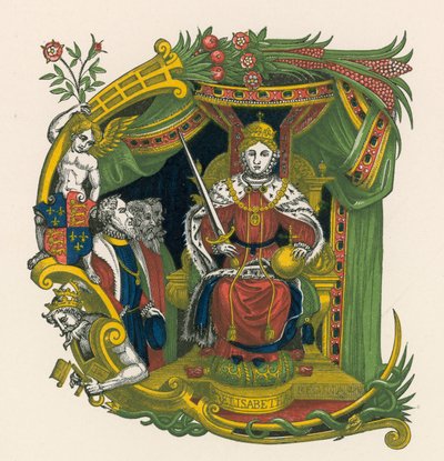सजावटी पत्र ई, जिसमें महारानी एलिजाबेथ I का चित्र शामिल है द्वारा हेनरी शॉ