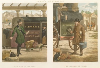 फ़ॉर कंट्रास्ट्स: द गार्ड ऑफ़ 1832, द गार्ड ऑफ़ 1852, जॉन हैरिस (1811-65) 1852 द्वारा उत्कीर्ण (हाथ से रंगा हुआ जलीय) द्वारा हेनरी थॉमस अल्केन