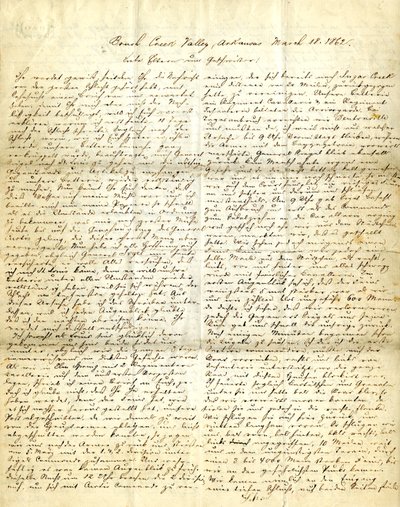 18 मार्च, 1862 को अपने माता-पिता, भाइयों और बहनों को हेनरी [हेनरी वोएल्कनर], ब्रश क्रीक वैली, अरकंसास पर हस्ताक्षर किए गए पत्र द्वारा हेनरी वोएल्कनर