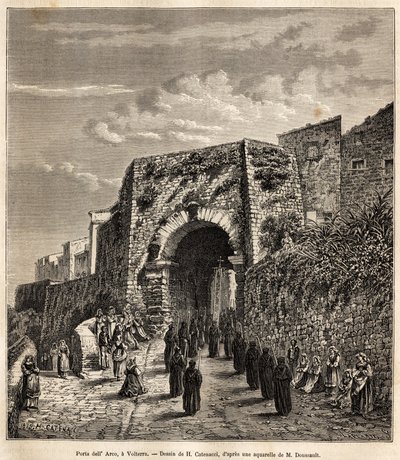 वोल्टेरा (टस्कनी, इटली) में पोर्टा डेल'आर्को में एक धार्मिक जुलूस। 1875 में फ्रांसिस वे द्वारा टस्कनी और उम्ब्रिया की यात्रा को चित्रित करने के लिए एच. कैटेनैकी के चित्र के बाद उत्कीर्णन, एडौर्ड चार्टो द्वारा संपादित "" ले टूर डू मोंडे " द्वारा हरक्यूल (बाद में) Catenacci
