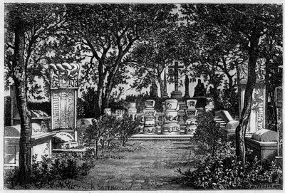 1870 के वर्षों में पेकिन (बीजिंग) में जेसुइट माटेओ रिक्की (1552-1610) और एडम शॉल वॉन बेल (1592-1666) की कब्रें। "" ले टूर डू मोंडे में थॉमसन की एक तस्वीर के बाद कैटेनैकी द्वारा एक चित्र के बाद उत्कीर्णन , नोव्यू जर्नल डेस वॉयेज ””, द्वारा संपादित द्वारा हरक्यूल (बाद में) Catenacci