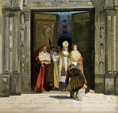 सेंट डेनिस के अभय में हेनरी चतुर्थ (1553-1610) का त्याग, बोर्जेस के आर्क की उपस्थिति में, रेनॉड डी ब्यून (1527-1606)। राजा ने 25 जुलाई 1593 को प्रोटेस्टेंटवाद को त्याग दिया। "हेनरी IV" में हरमन वोगेल (1856-1918) द्वारा चित्रण। द्वारा हरमन वोगेल